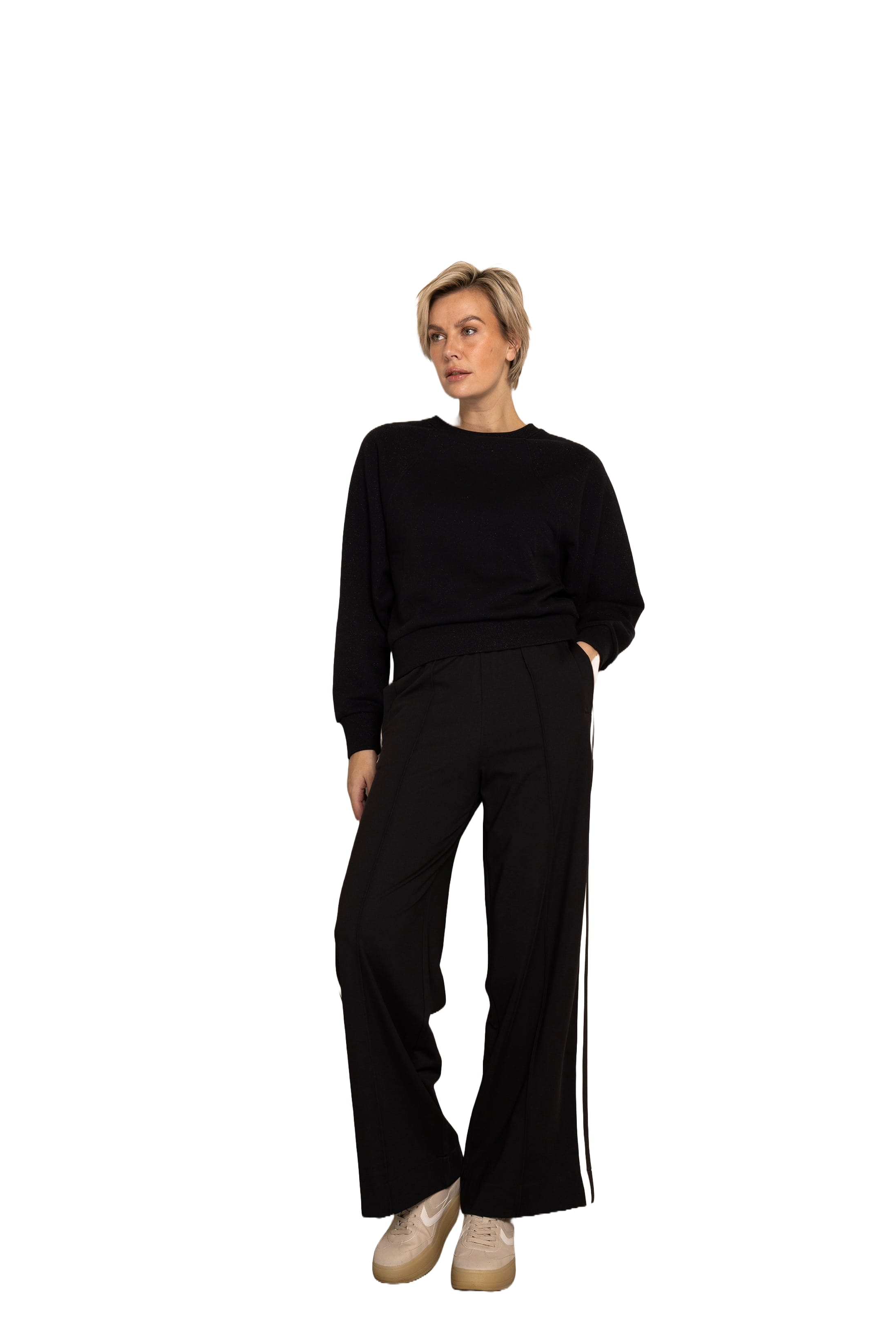 Damen Hose mit weitem Bein in schwarz mit weißen Streifen an der Seite von Zhrill